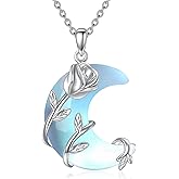 KQF Moon Moonstone Necklace for Women Sterling Silver Rose Flower Crescent Moon Pendant Necklace Moonstone Rose Jewelry Gifts for Women