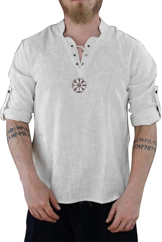 Amazon Co Jp メンズブラウス メンズ夏カジュアルコットンリネントップス ファッショナブルな人格ピュアカラー長袖ヴィンテージt シャツブラウス 白 Xl 服 ファッション小物