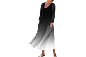 NAMTYQX Summer Dresses for Women 2024 Cotton Linen Boho Printed 3/4 Long Sleeve Elegant Travel Beach Maxi Dress with Pocket