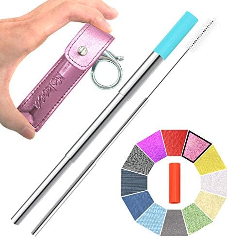 Hokeea Portable Reusable Drinking Straws - Telescopic Stainless Steel Metal Straw with Leather Case & Keychain & Cleaning Brush & Silicon Tip(Pink)