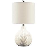 Signature Design by Ashley Rainermen Casual Ceramic Table Lamp, Transparent White Glaze Finish, Drum Hardback Fabric Shade, 1