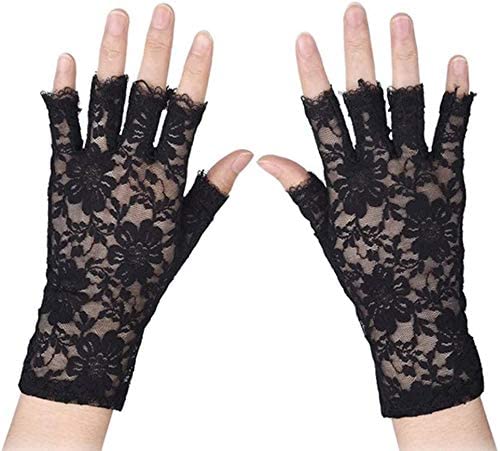 Kungfu Mall Ladies Black Fingerless Lace Gloves Fancy Dress Party Accessory for Halloween Party Decoration Gloves(2 Pair)