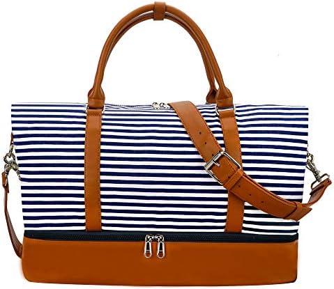 Weekender Bag Carry on Overnight Duffel for Women, Carrying Weedkend Travel Bags for Ladies, Large Canvas& PU Leather with Shoe Compartment Duffel (Blue Strips) 1 Weekender Bag Carry on Overnight Duffel for Women, Carrying Weedkend Travel Bags for Ladies, Large Canvas& PU Leather with Shoe Compartment Duffel (Blue Strips)