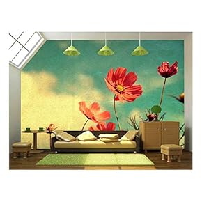 Vintage Cosmos Flower - Paper Art Texture, Nature Background - Removable Wall Mural | Self-Adhesive Large Wallpaper - 66x96 inches
