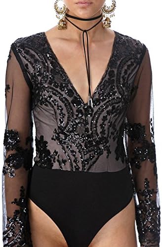 Pretid Women Sexy Deep V Sparking Sequin Glitter Teddy One Piece Leotard