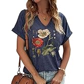 PUCKOLITY Vintage Flowers V Neck Shirt for Women Boho Floral Wildflowers Graphic Tee Casual Cottagecore Summer T Shirt