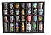DisplayGifts Shot Glass Display Case Holder Stand Wall Mountable Cabinet Rack 28 Slots No Door Mahogany Finish