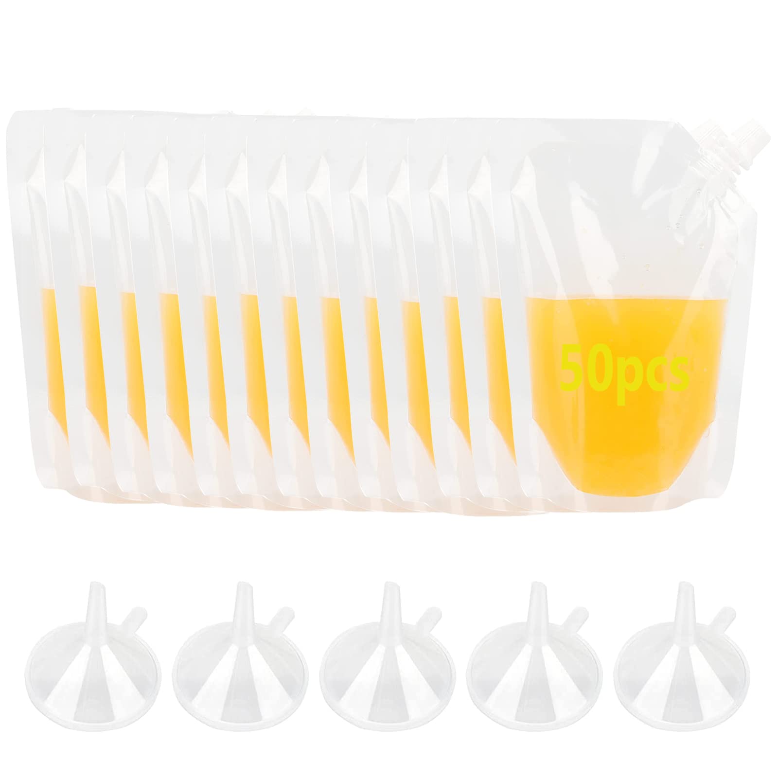 HAKZEON 50 PCS 350ML Drink Pouches for Festival, Clear Reusable Liquor Pouch Drink Flask with Spout and Funnel, Hand-Held Stand up Bag Travel Drinks Container Bags Leak Proof for Hot Cold Beverage