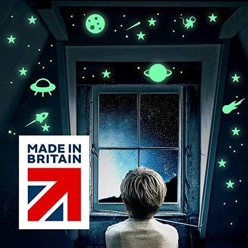 60 Glow in The Dark Space Stickers Including 29 dots, 17 Stars, 2 Shooting Stars, 1 Planet (Saturn), 1 Rocket, 1 Astronaut, 1 UFO, 1 Moon, 2 Fireballs, 3 Aliens and More.