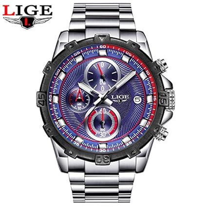 Lige Mens Chronograph Luxury Fashion Military Waterproof Full Steel Quartz Sports Watch(Blue)