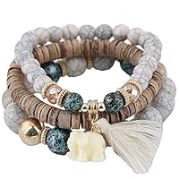 8QzJs1Tg 3Pcs Bohemia Women Beaded Stone Elephant Pendant Tassel Charm Bracelet Jewelry - Beige