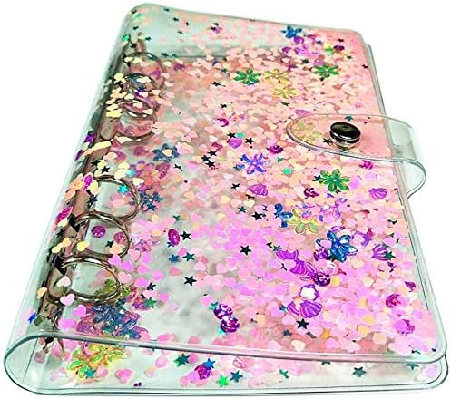 Personal A5 Size 6 Holes Binder Cover Glitter Quicksand Soft PVC Planner Protector with Snap Button Closure Loose Leaf Folder