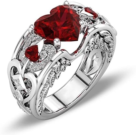 Aniywn Hot Sale! Silver Natural Heart-Shaped Ruby Gemstones Birthstone Bride Wedding Engagement Heart Ring (7#, Red 1)