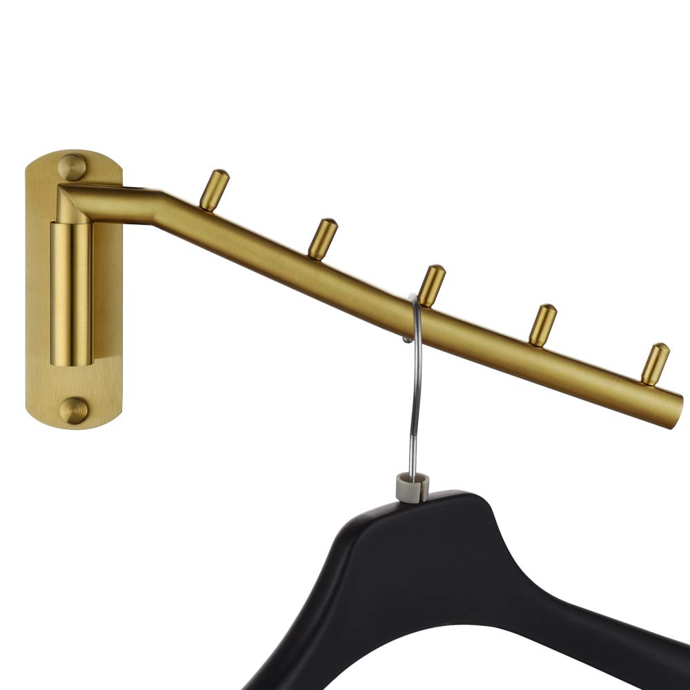 JQK Folding Clothes Hanger Rack, Stainless Steel Swing Arm Hook Holder, Clothing Hanging System Drying Closet Storage Organizer Brushed Gold Wall Mount, SHR100-PB