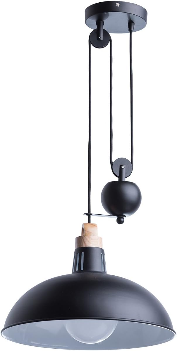Regenbogen 497014601 Pendant Ceiling Light Raise and Fall Black Metal Colour Wood in Scandinavian Style for Kitchen, Dining Room or Workspace, 1 Bulb Excl, E27 1 x 60W 230V [Energy Class A]