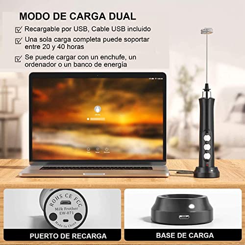 Bauihr Batidora de Leche Espuma, Espumador de Leche Recargable por USB, Batidor Electrico de Mano 3 velocidades Ajustables con 3 Batidores de Acero Inoxidable para Latte, Capuchino, Café, Matcha