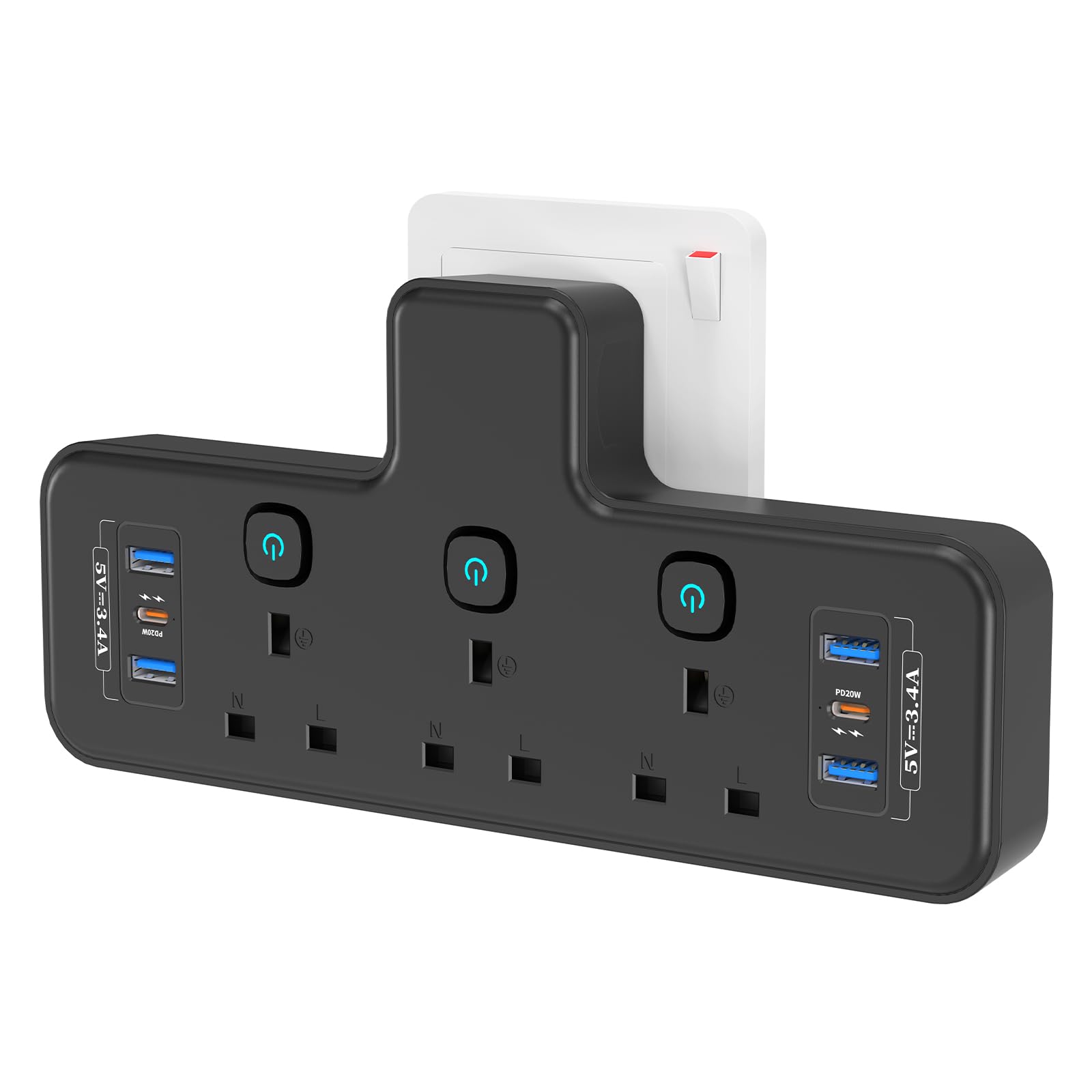 PD40W Total USB C Slots, 9 in 1 Multi Plug Adapter with 6 USB, PASSUS 3 Way Plug Extension Socket with Independent Switches, 13A UK Wall Adaptor Built-in Surge Protector for Home, Office, Kitchen