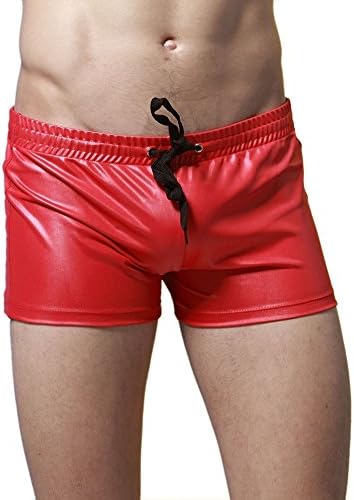 Rainbow25 Patent Leather Swimming Trunks Beach Boxer Shorts Mens Swimwear with Drawstring size L (Red)