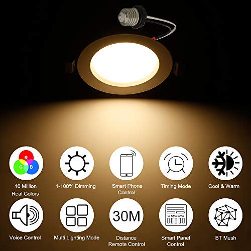 Wireless Bluetooth 5W 3.8Inch LED Recessed Downlights RGBWC 5 in 1 Spotlight Spot Dimmable AC 100-240V Smart Ceiling Lights with Touchscreen Smart Switch, BT Mesh Smart Bridge, Set of 10
