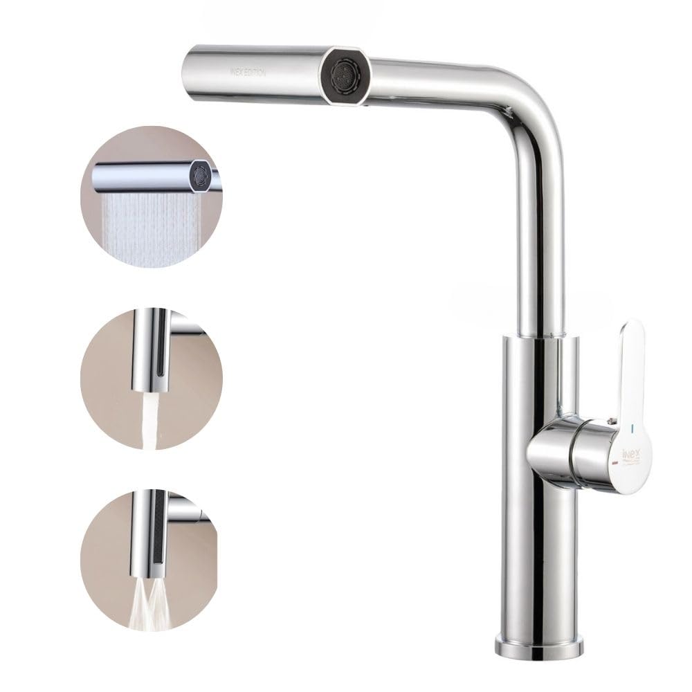 INEX EUROPA Stainless Steel Water Saving Kitchen Tap – Swivel Tap with 4 Functions Higher Efficiency – Elegant Kitchen Tap and Easy to Clean – 15 Year Warranty (Chrome Metallic)