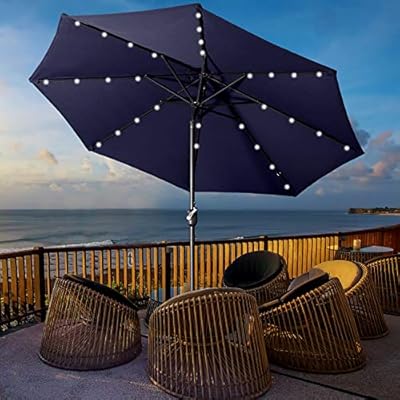 Amazon Com Aok Garden 9 Ft Patio Umbrella With Solar Lights Outdoor 32 Led Table Umbrella 8 Ribs With Push Button Tilt And Crank For Market Deck Backyard And Pool Navy Blue