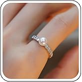 Yheakne Vintage Rhinestone Pearl Ring Cz Finger Rings Silver Crystal Pearl Wedding Ring Sparkly White Bead Wrap Rings Jewelry for Women
