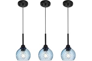 MILUCES 3 Pack Dining Room Light Fixture with Blue Striped Swirl Globe Glass, Stylish Kitchen Island Hanging Pendant Light Black for Bar Hallway Bedroom, 1-Light
