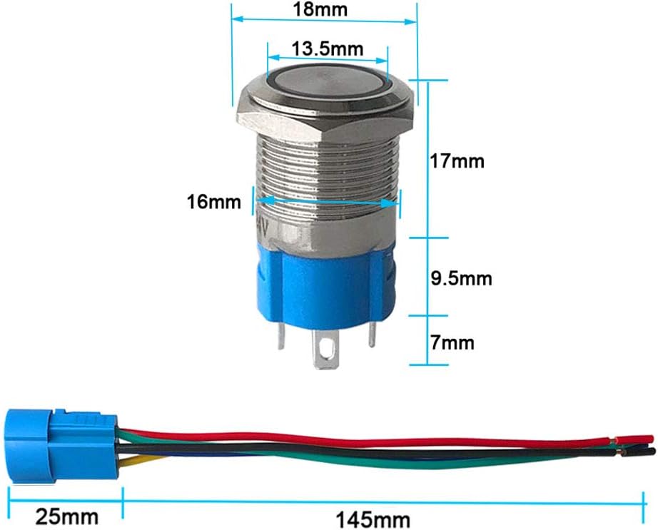 QitinDasen 3Pcs Premium 12V/24V 5A Momentary Push Button Switch, 16mm Car Ignition Starter Switch - Image 3