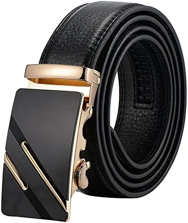Fenrnagdnno Men's Genuine Leather Ratchet Belt with Gold Sliding Buckle - Black Belt Gold Buckle (Black,35mm Wide),Gift Box (01-Gold)