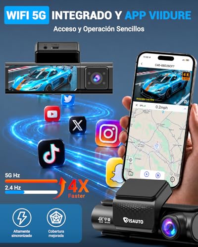 VISAUTO C40 Dashcam para Auto de 3 Canales, 4K +2.5K+1080P Camara para Carro con Visión Nocturna, WiFi 5Ghz, GPS, Tarjeta de 64 GB, 24H Monitor de Estacionamiento, Sensor G, Grabación en Bucle