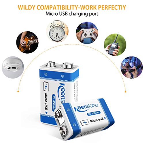 9V Block Batterien, USB Wiederaufladbar Lithium-Ion Bateria 650mAh E-Block PP3 Akku mit Micro-USB-Kabel für Tastatur Mikrofon Rauchmelder-Keenstone 4 Stück Blockbatterien