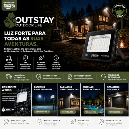Kit 2 Refletores LED 200W Branco Frio Bivolt IP67 Alta Potência Área Externa OutStay