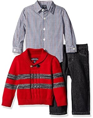 Nautica Baby Three Piece Set with Woven, Striped Shawl Sweater, Denim Jean, Red Rouge