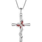 Blaniy Cross Necklace for Women 925 Sterling Silver Butterfly Necklace Birthstone Pendant Created Gemstone Jewelry Gifts for Women