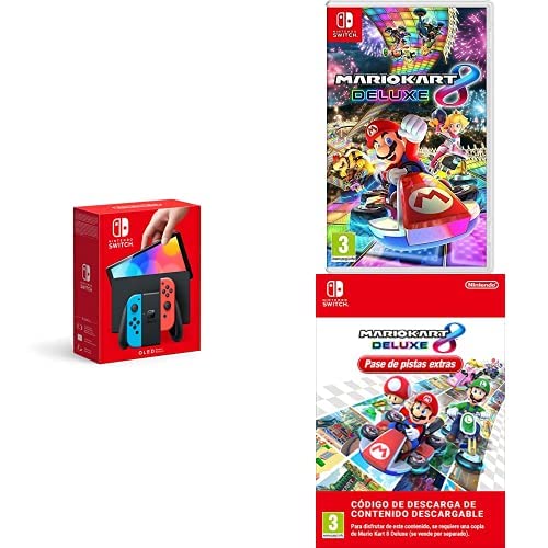 Nintendo-Switch-version-OLED-Azul-NeonRojo-Neon-Mario-Kart-8-Deluxe-Nintendo-Switch-Pase-de-pistas-extras-DLC