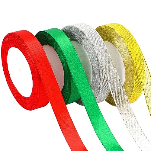 Christmas Ribbon, DECYOOL 4 Rolls 100 Yards Holiday Ribbons for Gift Wrapping (1.5cm Wide, Red & Green & Gold & Silver)