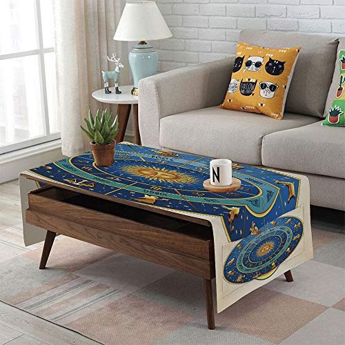 Linen Blend Tablecloth,Side Pocket Design,Rectangular Coffee Table Pad,Astrology,Wheel of Astrological Signs Names and Dates with Moon Sun in Middle Decorative,Blue Light Blue and Gold,for Home Decor
