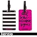 Kensie Buckle Closure Plastic PVC Luggage Tags, 2 Pack - Hot Pink/Black & White Stripes