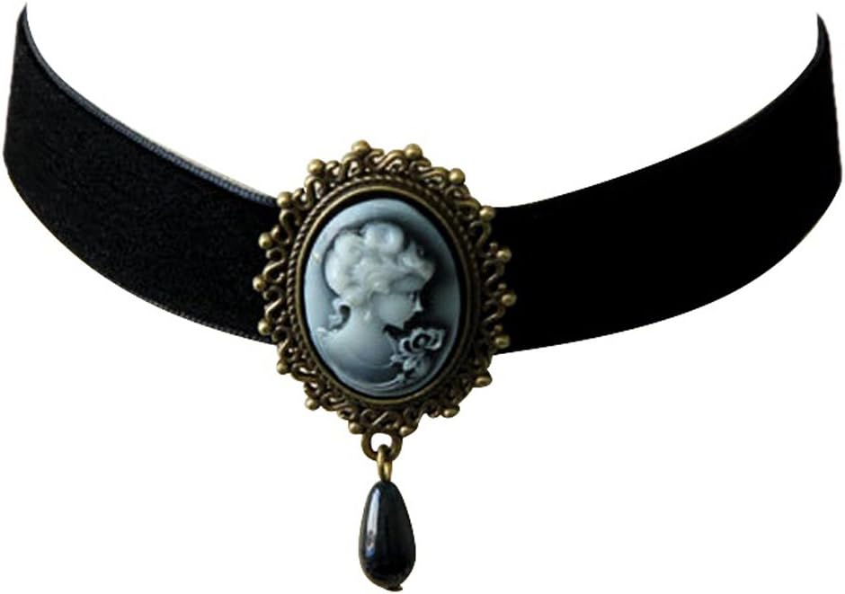 JJTZX Victorian Black Velvet Lace Cameo Choker Gothic Lady Cameo Necklace&Brooch Pin Gift for Her