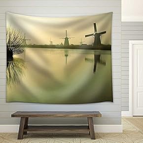 Traditional Dutch Windmills at Dawn in Kinderdijk, Netherlands - Fabric Wall Tapestry Home Decor - 51x60 inches