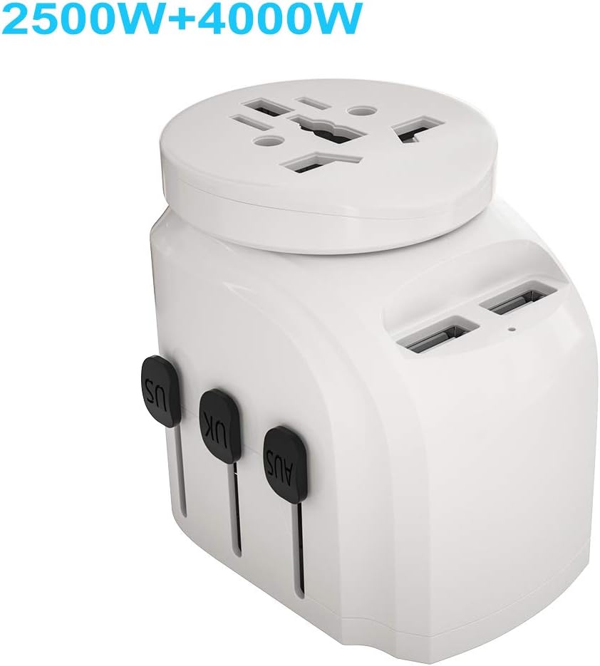 JMFONE 2500W Universal International Travel Adapter for Hair Dryers, 2 USB Charging and UK/AU/US/EU Worldwide Plug Adapter for Europe, Italy, China, Australia, Japan 160 Countries - - 