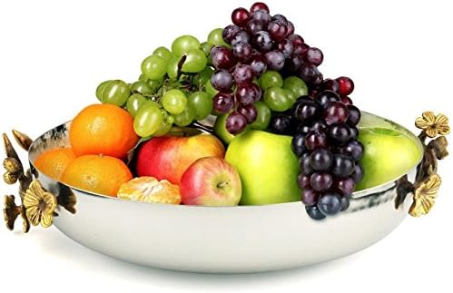 Salad, Fruit, Vegetable &amp; Bread Storage Decorative Coffee &amp; Kitchen Table Bowl By Holiday Grabs– Two Toned Glistening Steel Body &amp; Side Brass Embellishments– Hand Hammered, Leaves &amp; Flowers Design