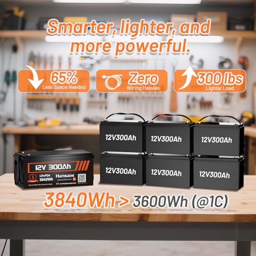 HumsiENK 12V 300Ah LiFePO4 Battery 2-Pack, 7680Wh Deep Cycle Lithium Battery with Bluetooth, Low-Temp Protection, 200A BMS (2560W Output), 15000 Cycles for RV, Solar, Marine and Off-Grid