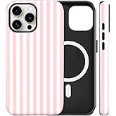 flewfun Magnetic for iPhone 13/14 Case Cute Stripes Phone Case, Shockproof Slim TPU and Hard PC Protective Phone Cover Compatible with MagSafe Designed for Women Girls, Pink and White