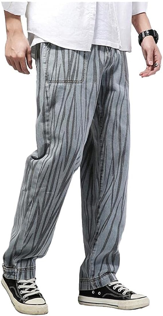 Men Straight Jeans Loose Print Stripe Vintage Male Denim Pants