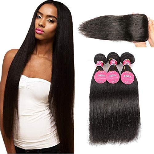 Straight Bundles with Free Part Lace Closure Brazilian Hair Weave Bundles with Closure Human Hair Bundles with Closure Hair Extension,14 16 18 + 12inches