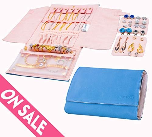 Travel Jewelry Organizer Roll Necklace, Earrings, Rings, Bracelet, Jewelry Case Bag for Journey (8.1" x 5.5" blue, BLUE)