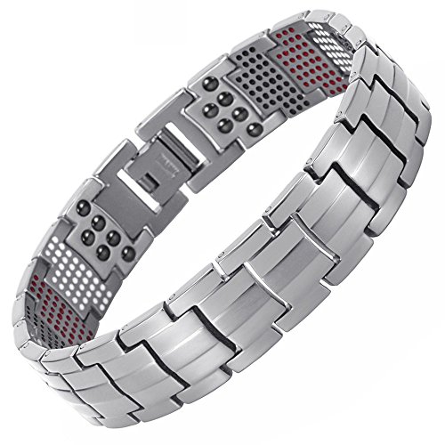 Double Strength 4 Elements PURE Titanium Magnetic Therapy Negative Ions Germanium Link Bracelet for Arthritis Pain Relief Anti-Radiation(Imported,591 Energy Stones)