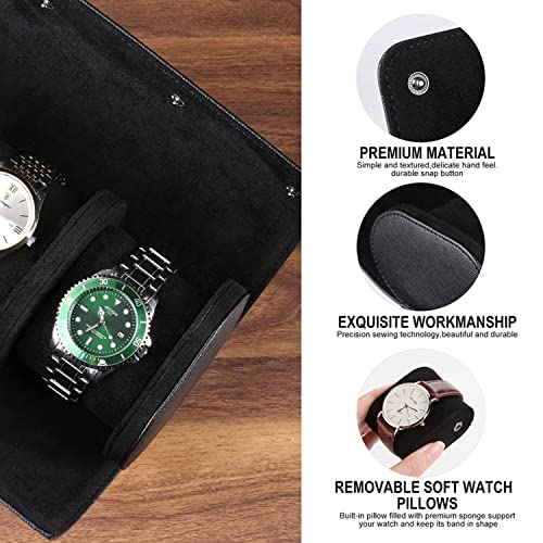 Watch Travel Case Handmade Leather Watch Rolls Box for Man Travel Watch Roll with Velvet to Protection Watch Roll Organizer to Home Secure Storage (3 Slot, Black)