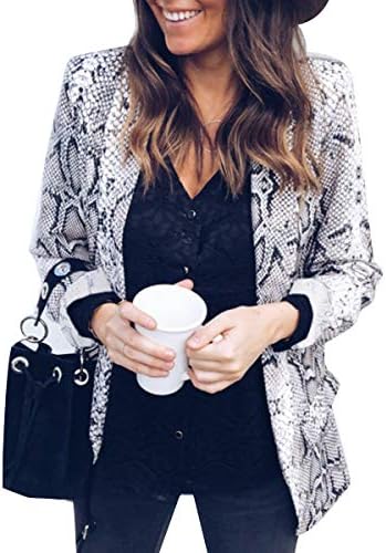 Womens Long Sleeve Snakeskin Jacket Leopard Print Coat Open Front Office OL Blazer Suit